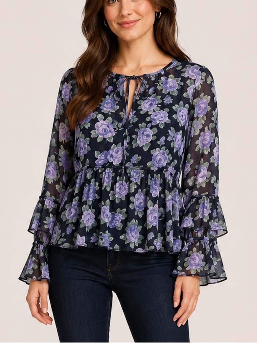 American Eagle Outfitters Black Floral Peplum Blouse with Lavender Roses